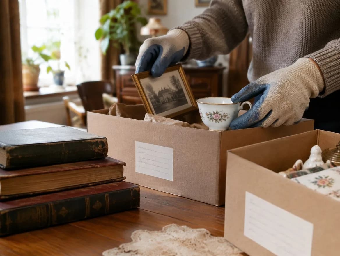 Boeken, een lijstje en porselein worden gesorteerd