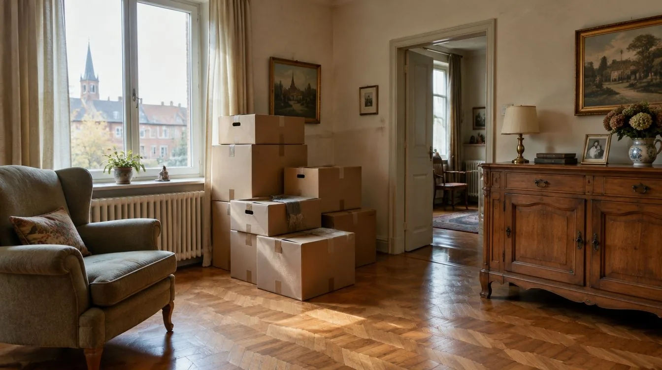 Woonkamer van een ouder huis in Limburg met ingepakte dozen bij het raam