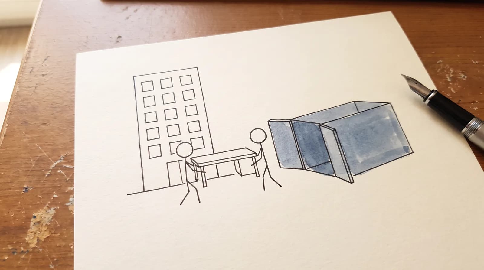 Tekening van een kantoor dat leeggemaakt wordt