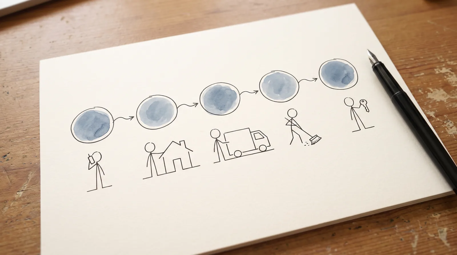 Tekening van het stappenplan: bellen, bezoek, ophalen, bezemschoon, sleutel