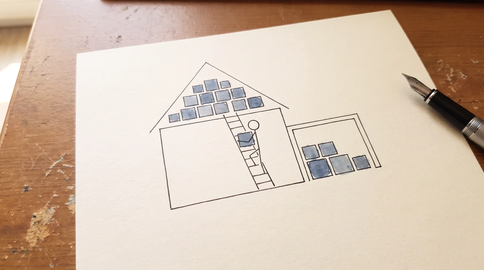 Tekening van een zolder en garage vol spullen
